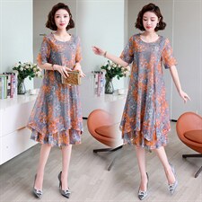 雪纺连衣裙女夏季新款宽松加大码胖MM遮肚子显瘦中年妈妈碎花裙子，女装连衣裙，缘衣格