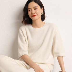 圆领羊绒衫女纯山羊绒五分袖加厚宽松毛衣针织慵懒打底衫图片