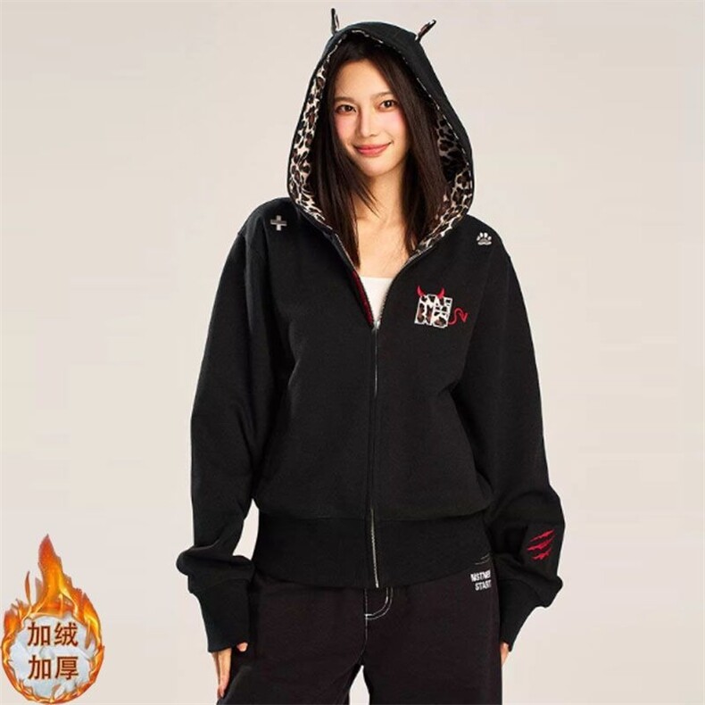 现货美式刺绣恶魔豹纹加绒连帽拉链卫衣2025新款潮百搭外套，女装短外套，星座1210-1