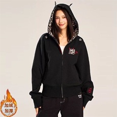 现货美式刺绣恶魔豹纹加绒连帽拉链卫衣2025新款潮百搭外套，女装短外套，星座1210-1