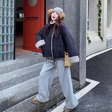 藏青色羊羔毛拼接工装派克服女2025年冬季新款小个子休闲加厚棉服，女装棉衣/棉服，2C305
