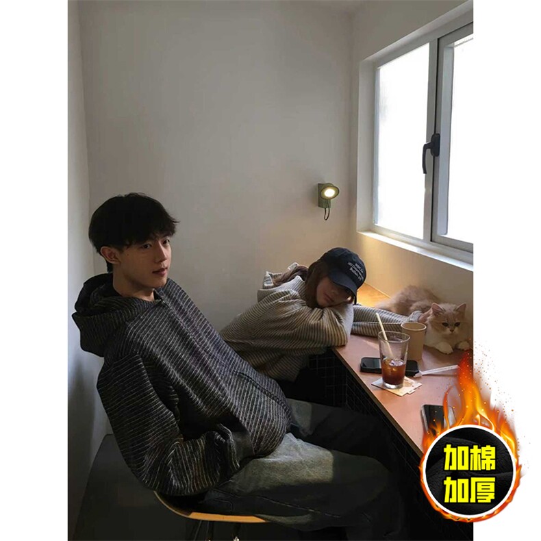 480G重磅加绒硬挺boxy男女秋冬美式高街条纹毛呢卫衣开衫厚外套，女装短外套，电商A486-1