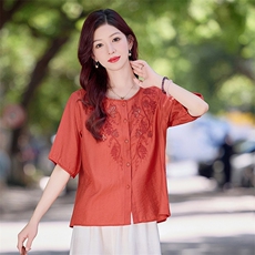 现货！夏季新款2025套装女简约时尚优雅气质减龄天丝麻料刺绣上衣，女装衬衫，魅影