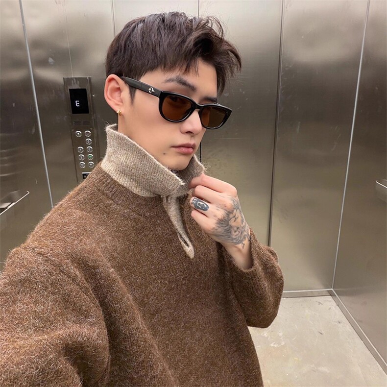 重磅北极绒假两件衬衫领毛衣美式高街复古休闲慵懒纯色翻领针织衫，男装针织衫/毛衣，电商A486