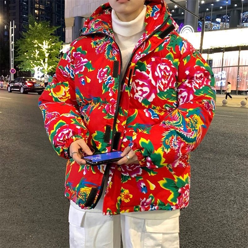 东北大花棉袄男款冬季加厚潮牌痞帅连帽棉服国潮宽松大码棉衣外套，男装棉衣，星座1511