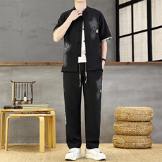 风印花男装夏短袖男复古开衫套装新款民族风一套，男装T恤，星座1206（原A206）