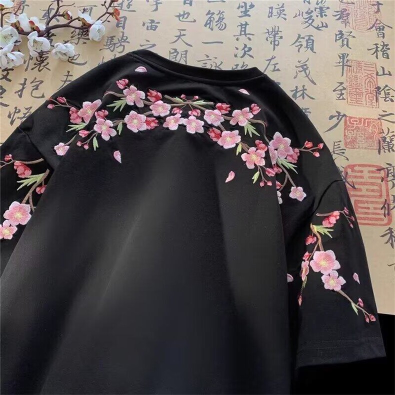 网络图夏季风梅花刺绣圆领短袖T恤情侣半袖上衣,男装T恤,星座410-7