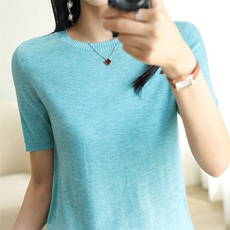 春夏季新款精纺微透纯羊毛衫女圆领短袖针织半袖毛衣羊绒衫超薄款，女装T恤，总能电商供货