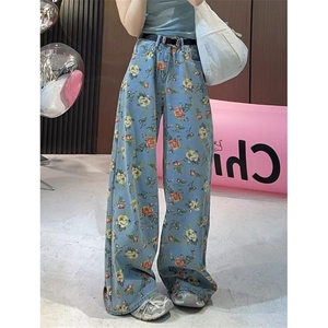复古花卉满印碎花牛仔裤女夏季高腰梧桐裤直筒阔腿裤子 NA199图片