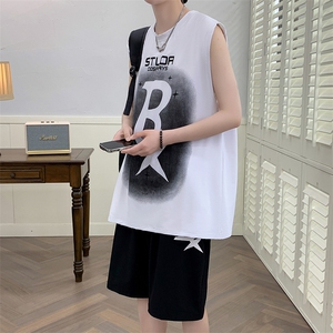夏季无袖背心t恤套装冰丝透气港风宽松青少年潮男装DF327P58控78