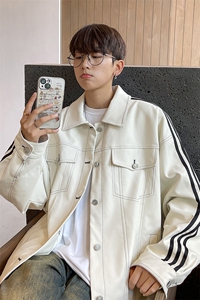 港风秋装 美式织带夹克复古情侣PU皮衣休闲工装外套男 G1067 P108图片