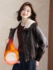 现货！现货！加绒加厚皮衣女2025冬季新款羊羔毛翻领棉衣棉服，女装棉衣/棉服，以桐
