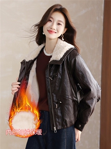 现货！现货！加绒加厚皮衣女2025冬季新款羊羔毛翻领棉衣棉服图片