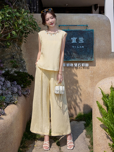 bebejudy海边度假~多巴胺休闲亚麻套装女夏季背心阔腿裤两件套装图片