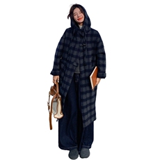 深蓝色复古格纹双面呢连帽大衣女2025秋学院风宽松休闲中长款外套，女装双面呢大衣，曼娅璐
