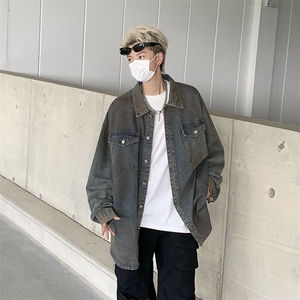 复古水洗做旧牛仔衬衫外套潮牌高街宽松时尚休闲上衣图片