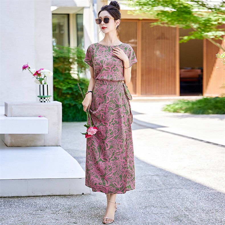 2024夏季新款优雅淑女风印花连衣裙修身显瘦气质长裙,女装连衣裙,魅丽静蓝