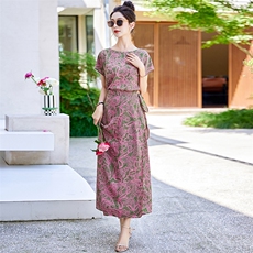 2024夏季新款优雅淑女风印花连衣裙修身显瘦气质长裙，女装连衣裙，魅丽静蓝