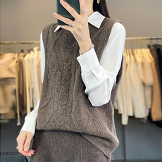 秋冬圆领100%羊毛衫套头马甲女菱形扭花背心宽松羊绒针织坎肩上衣，女装马甲，邦太羊绒