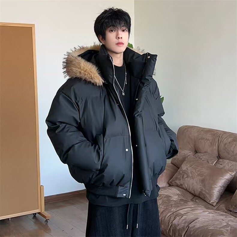 现货三防重磅硬挺boxy短款羽绒棉衣座山雕大毛毛领PU皮棉服外套冬,男装棉衣,电商A486-1