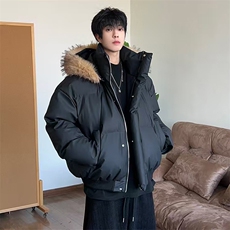 现货三防重磅硬挺boxy短款羽绒棉衣座山雕大毛毛领PU皮棉服外套冬，男装棉衣，电商A486-1