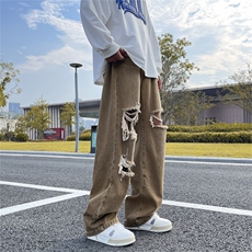 wassuphappy破洞牛仔裤男士春秋季夏款复古休闲裤子痞帅直筒长裤，男装牛仔裤，星座1008-2