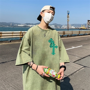 美式创意字母十字架印花复古水洗做旧半袖短袖T恤B239-1209-P38