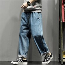 2021春季新日系灰墙大码阔腿大裤脚宽松牛仔九分裤N8007-P45，男装牛仔裤，电商A001