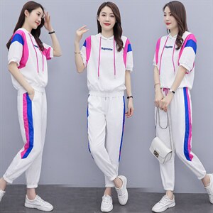 短袖时尚套装女2022夏季新款女装韩版休闲百搭撞色绣花两件套裤潮,女装套装/套裙,慧尚依恋