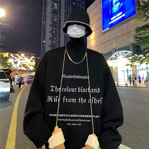 港风夜景个性字母印花宽松休闲可翻高领毛衣A247-M8954特批45控68图片