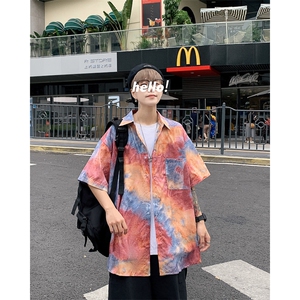 特P29控58 夏季冰丝港风男宽松版扎染短袖衬衫CS11图片