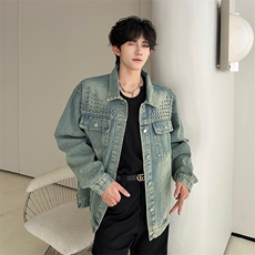 春秋美式复古牛仔外套男重工铆钉做旧慵懒休闲夹克JK08644-P73，男装工装外套，星座308B-2