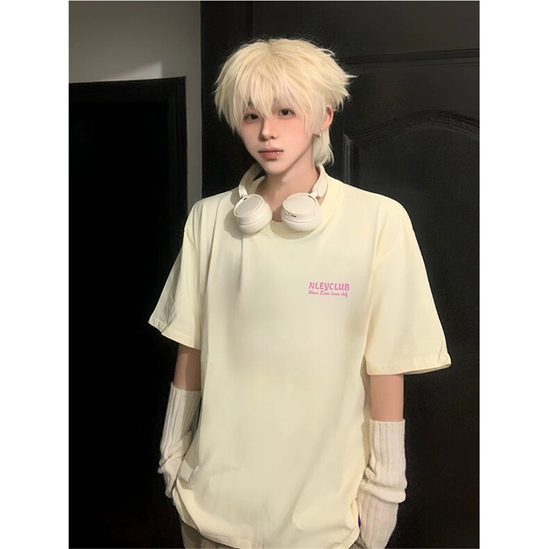 抖音得物供货210克现货宽松纯棉美式潮牌印花落肩袖纯棉T恤AT2145,男装T恤,电商A443