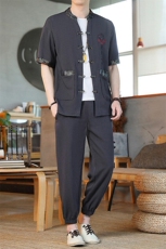 风男装夏季冰丝短袖开衫男复古汉服套装风，男装休闲套装，星座1206（原A206）