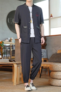 风男装夏季冰丝短袖开衫男复古汉服套装风图片