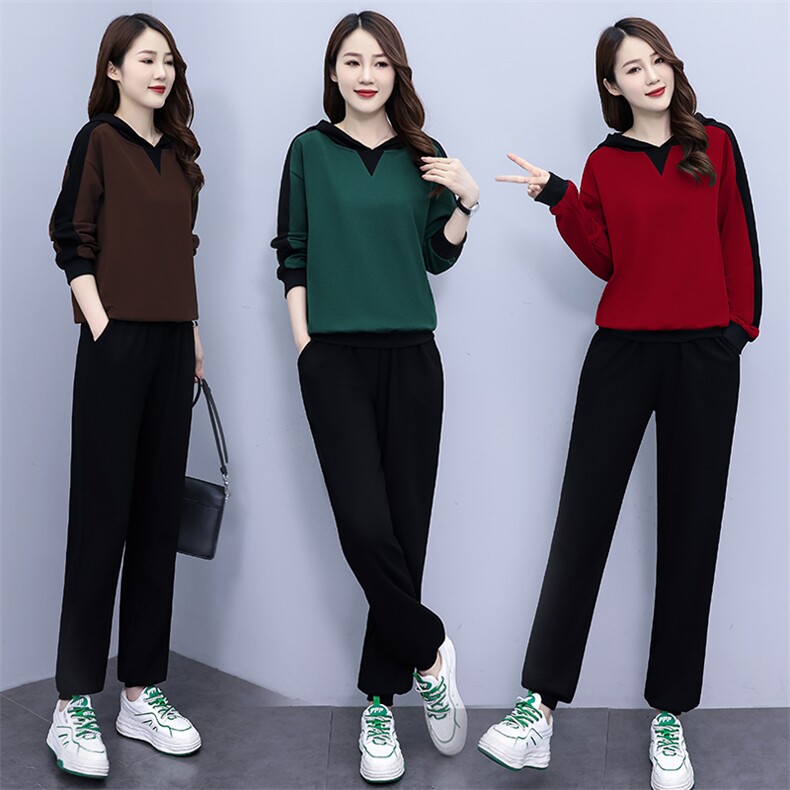 休闲运动卫衣套装女2023春秋新款洋气拼色翻领卫衣束脚长裤两件套，女装套装/套裙，凝聚力