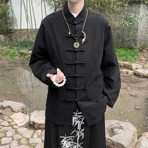 春秋季风棉麻长袖上衣男士衬衫盘扣复古打底衫图片