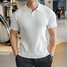 老钱风纯色条纹V领针织男短袖翻领上午冰丝Polo衫75010/P48，男装T恤，电商A243