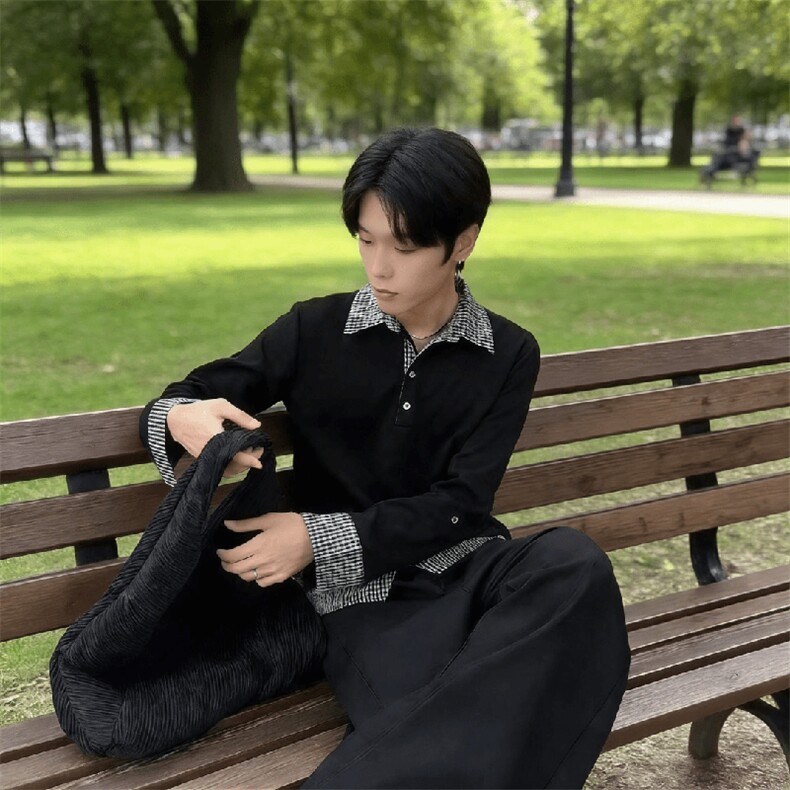 得物抖音高品质二开夏季美式潮牌假两件条纹衬衫翻领高街短袖T恤,男装T恤,电商A486