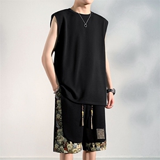 男士休闲运动套装夏季刺绣背心一套短裤拼接小熊A266-TZ3308-P45，男装牛仔裤，电商A266