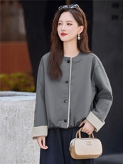 简约百搭超好看圆领短款外套女2025秋季新款宽松显瘦休闲夹克上衣，女装短外套，鑫鑫美