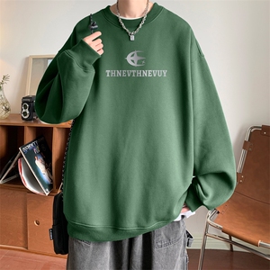 奶绿色圆领卫衣男秋冬情侣潮牌加绒加厚宽松百搭大码套头休闲上衣图片