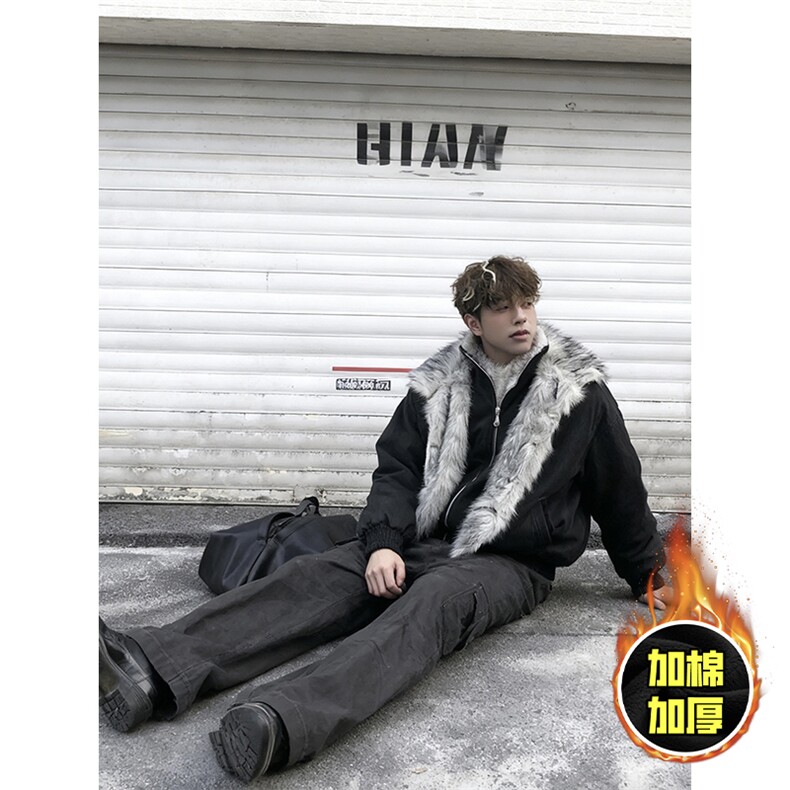 现货高品质美式高街重磅狼王座山雕毛毛领假两件棉衣加厚棉服外套，男装棉衣，电商A486-1