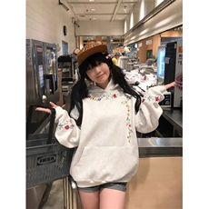 加绒款花卉刺绣连帽卫衣男女2025秋冬宽松上衣外套潮WYR1503，女装短外套，星座516A