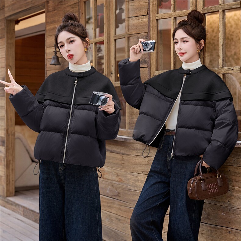 设计感气质毛呢拼接羽绒服女2025冬季新款短款外套减龄,女装羽绒服,玖莱伊