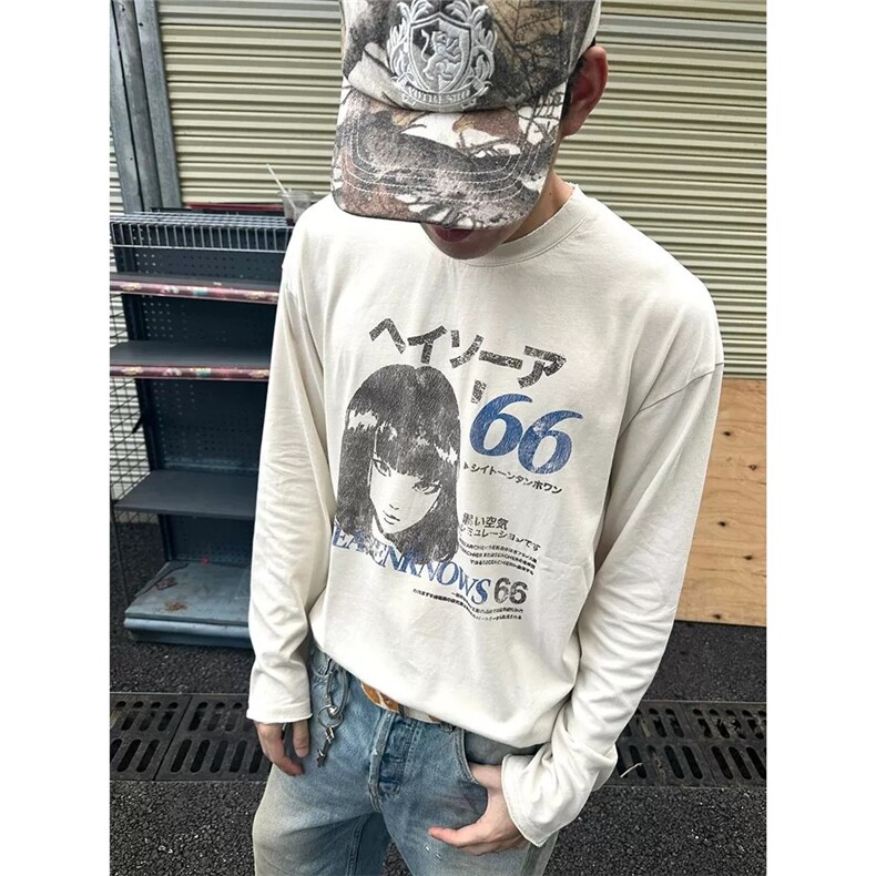 涩谷女孩手绘漫画长袖T恤男女春秋2025新款潮牌高街休闲上衣,男装T恤,星座516A