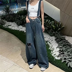 辣妹破洞牛仔背带裤女2025夏季新款韩版大码宽松显瘦百搭阔腿裤子，男装牛仔裤，星座506A