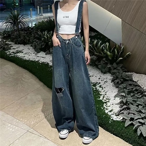 辣妹破洞牛仔背带裤女2025夏季新款韩版大码宽松显瘦百搭阔腿裤子图片