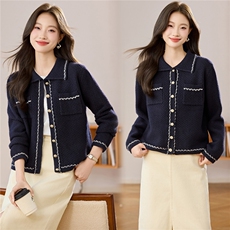 女士洋气减龄外套秋新款气质轻奢翻领针织开衫2025新款外穿毛衣，女装羊毛衫，艾米