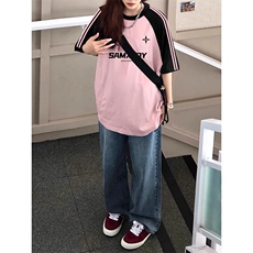夏季美式高街重磅纯棉三条杠织带插肩撞色男女短袖T恤CZ78-特P25，男装T恤，电商A486